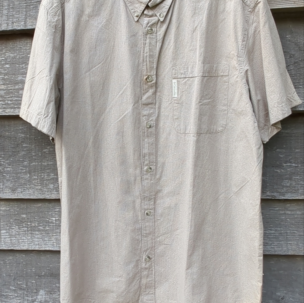 Columbia Mens Large Short Sleeve Button Up Cotton Shirt Plaid Tan and White - Picture 4 of 11